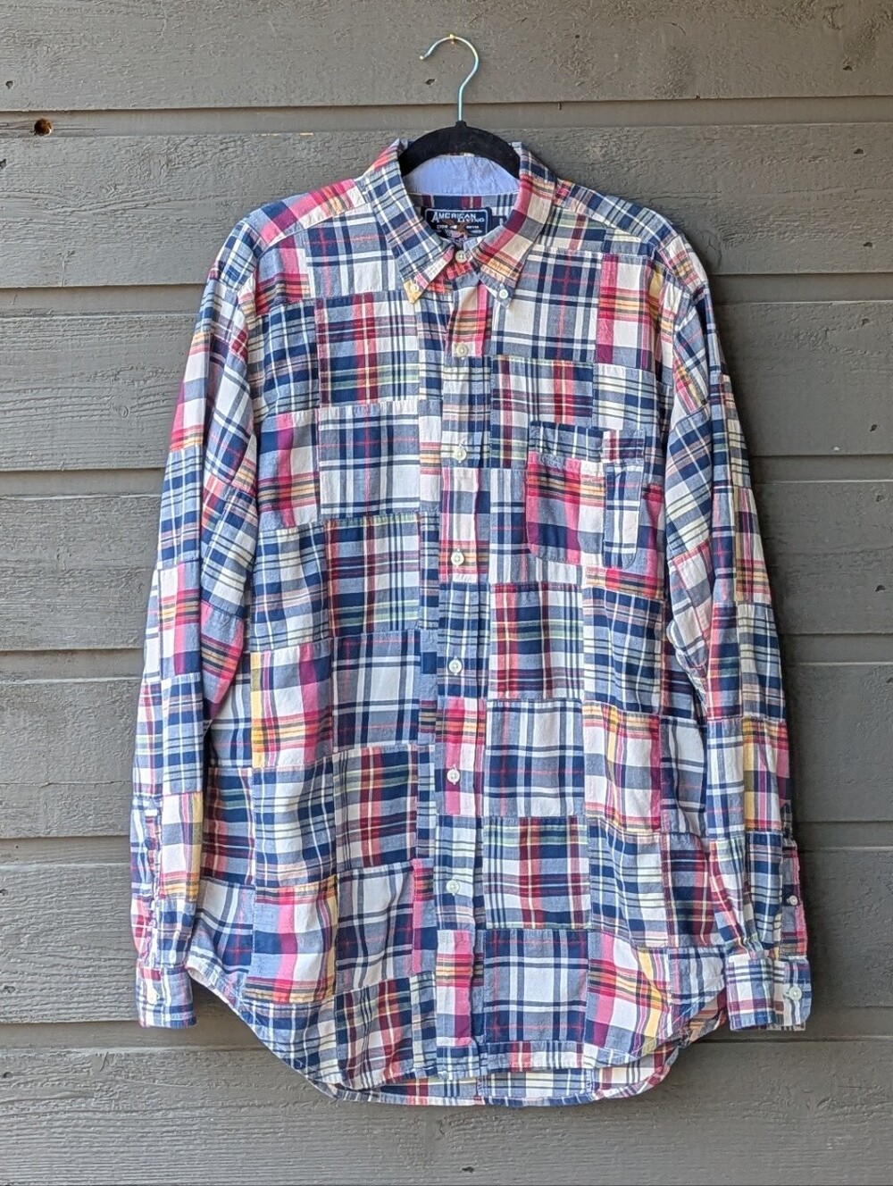 American Living Madras Plaid Patchwork Long Sleeve Button Down Shirt Size Large